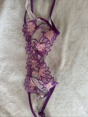 SHEIN Purple Sheer Lace Bralette with Pink Floral Embroidery